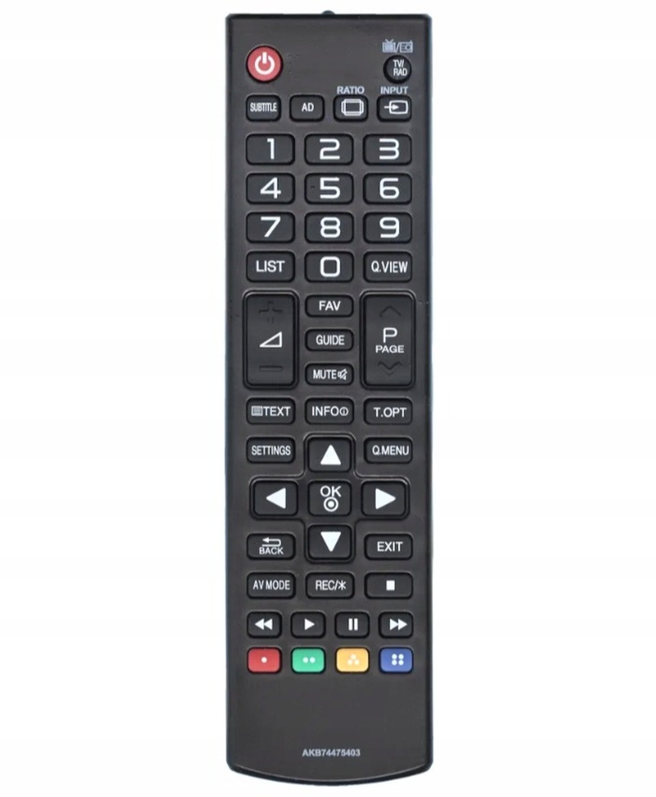 Pilot LG z przyciskami funkcyjnymi do obsługi telewizora.