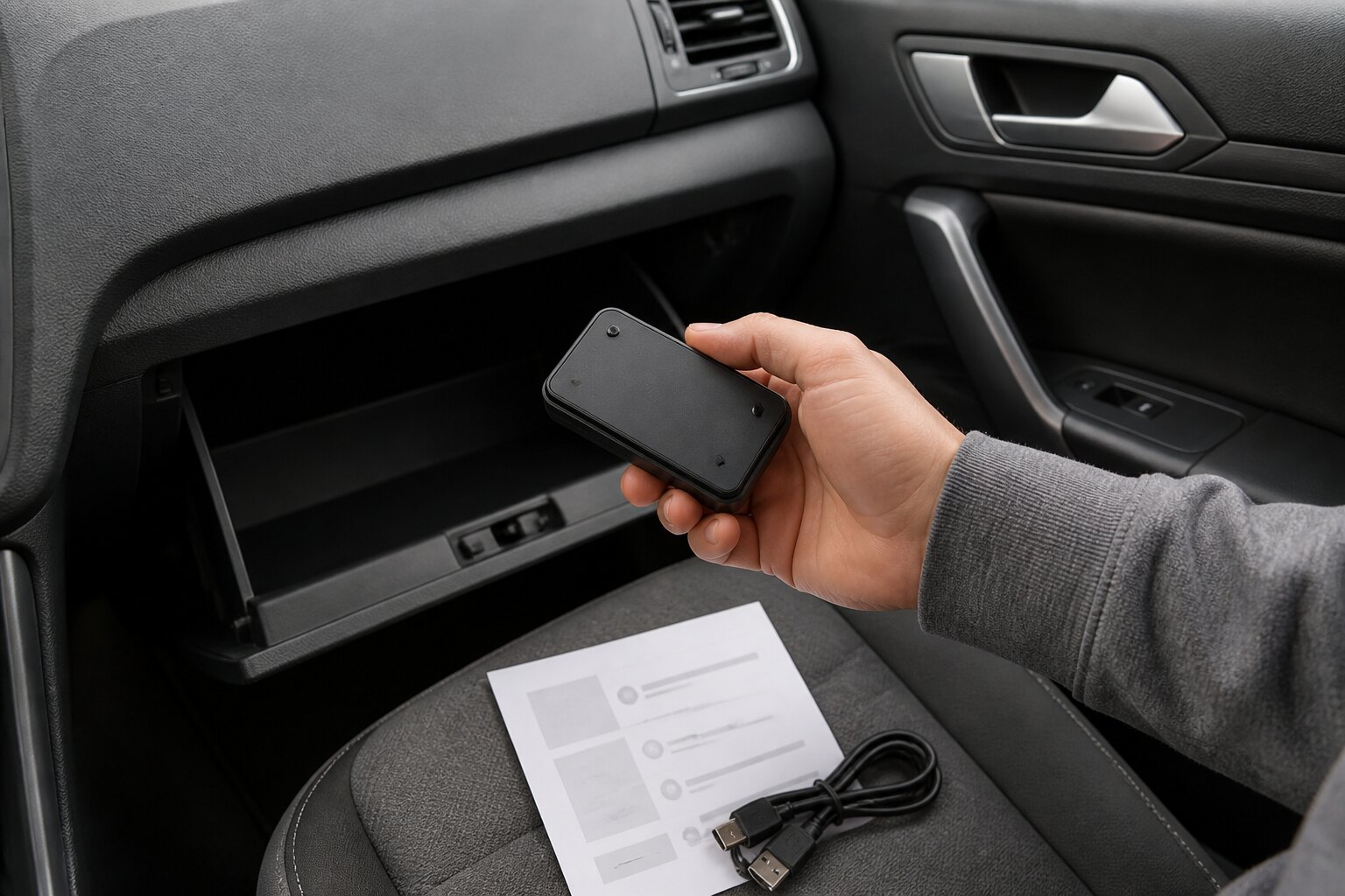 Niewielki lokalizator GPS umieszczony w schowku samochodu