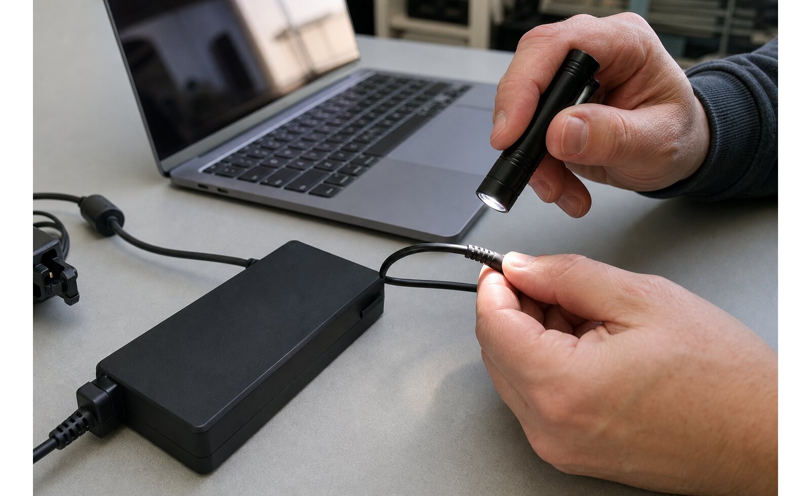 Kontrola przewodu zasilacza do laptopa przy odgiętce