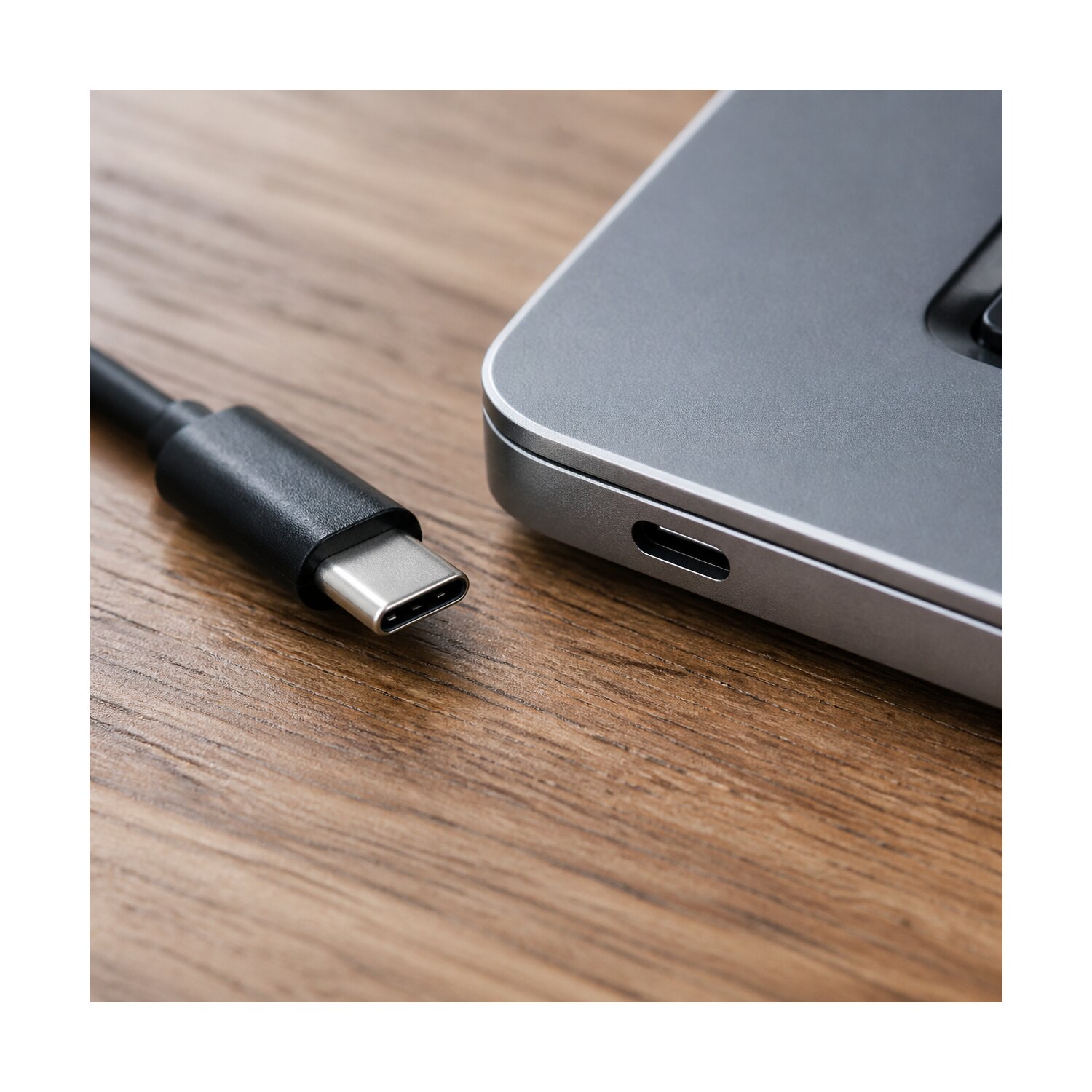 Wtyk adaptera USB-C i port w laptopie oglądane przed podłączeniem