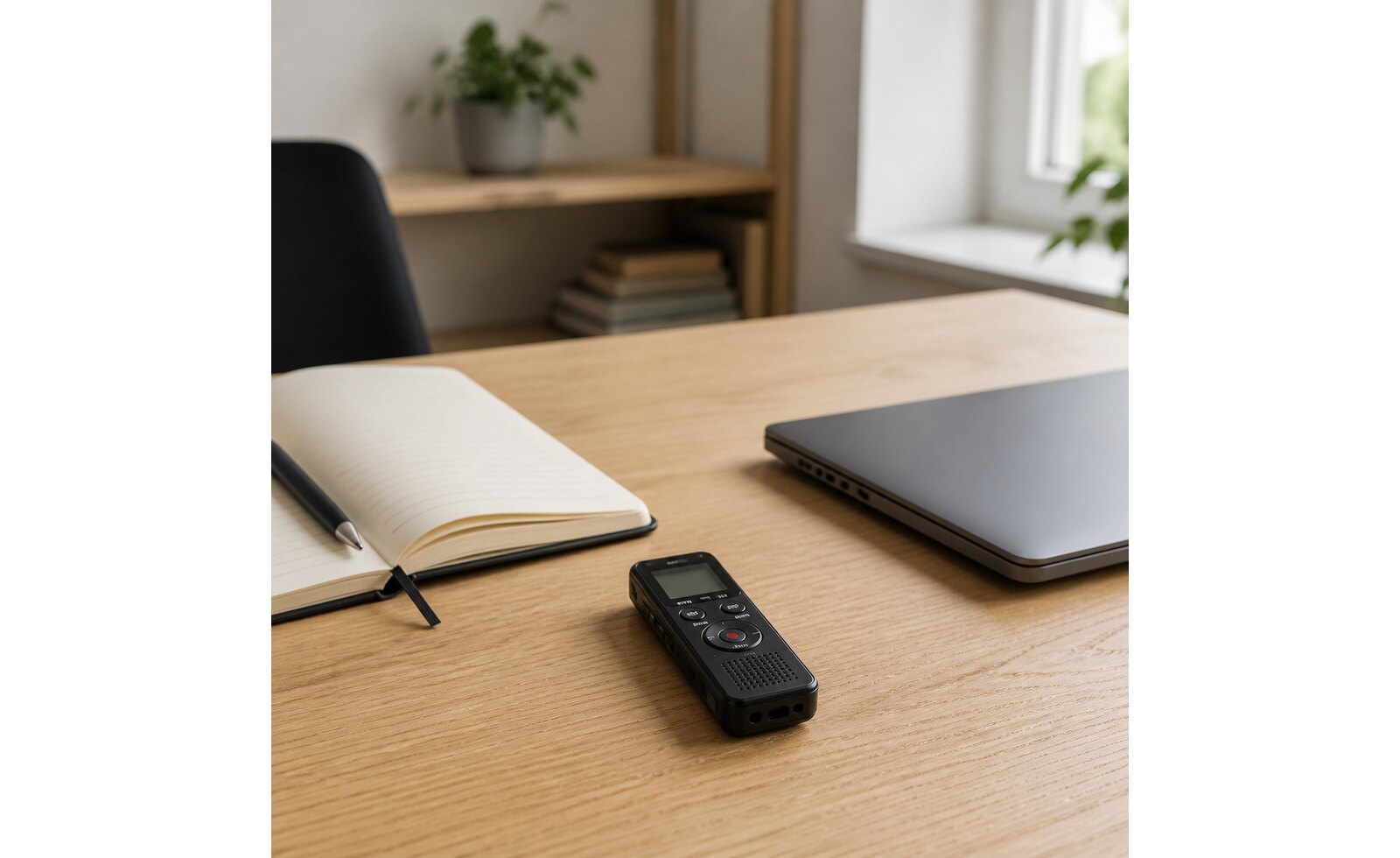 Dyktafon ustawiony na biurku podczas próbnego nagrania głosu