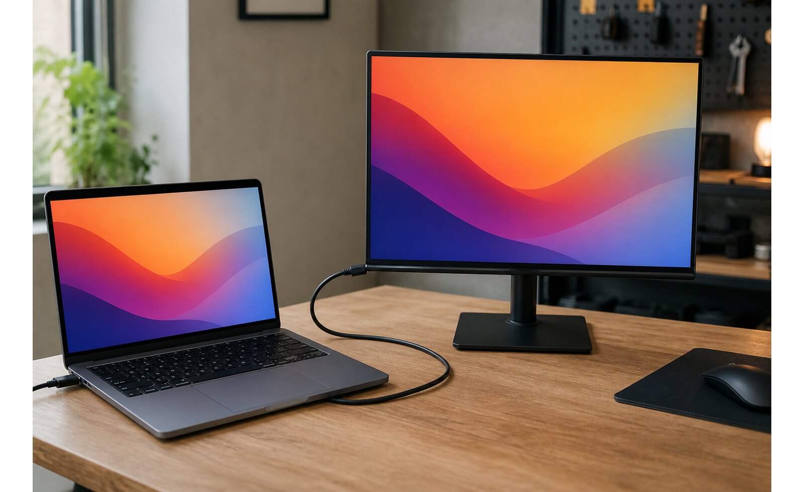 Laptop połączony kablem HDMI z monitorem na uporządkowanym biurku