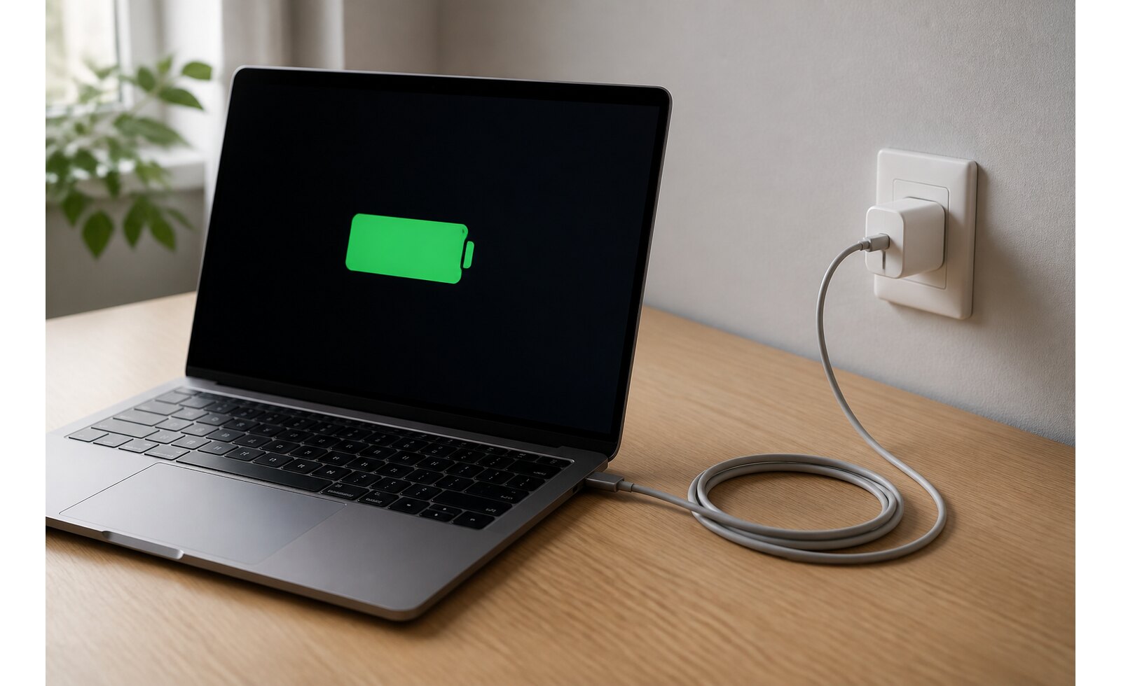 Laptop ładowany przez USB-C na uporządkowanym biurku