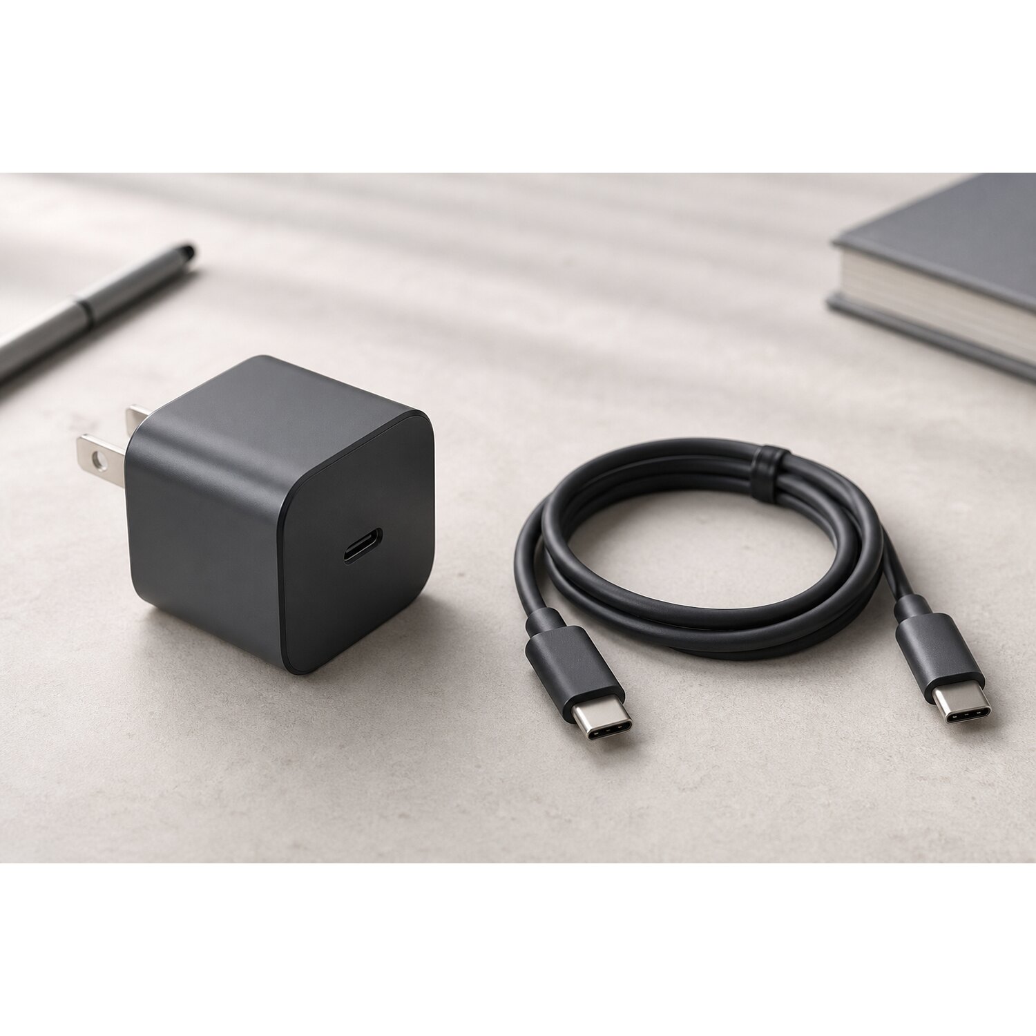 Zasilacz USB-C i przewód przygotowane do sprawdzenia