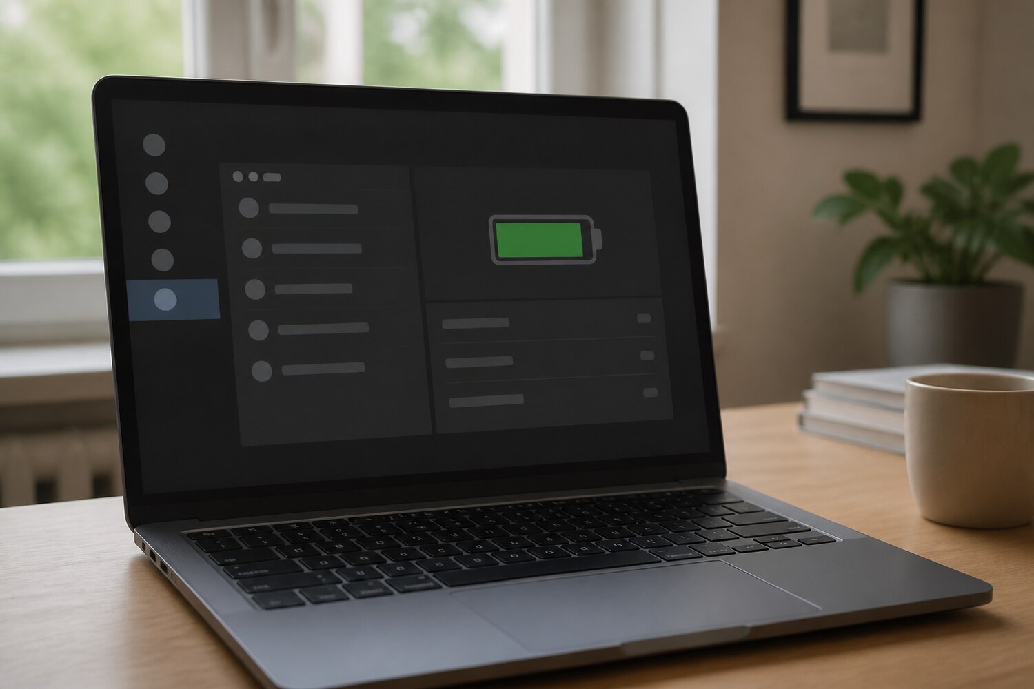 Ekran laptopa z panelem stanu baterii bez czytelnych danych osobowych