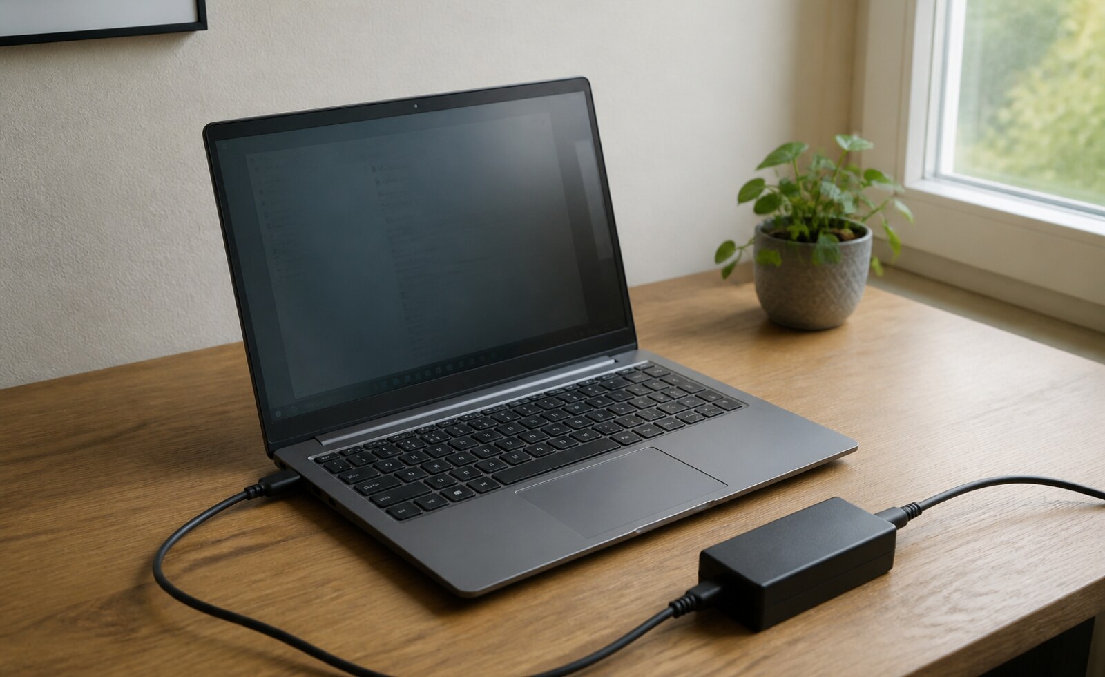 Laptop podłączony do zasilacza podczas sprawdzania wykrywania baterii