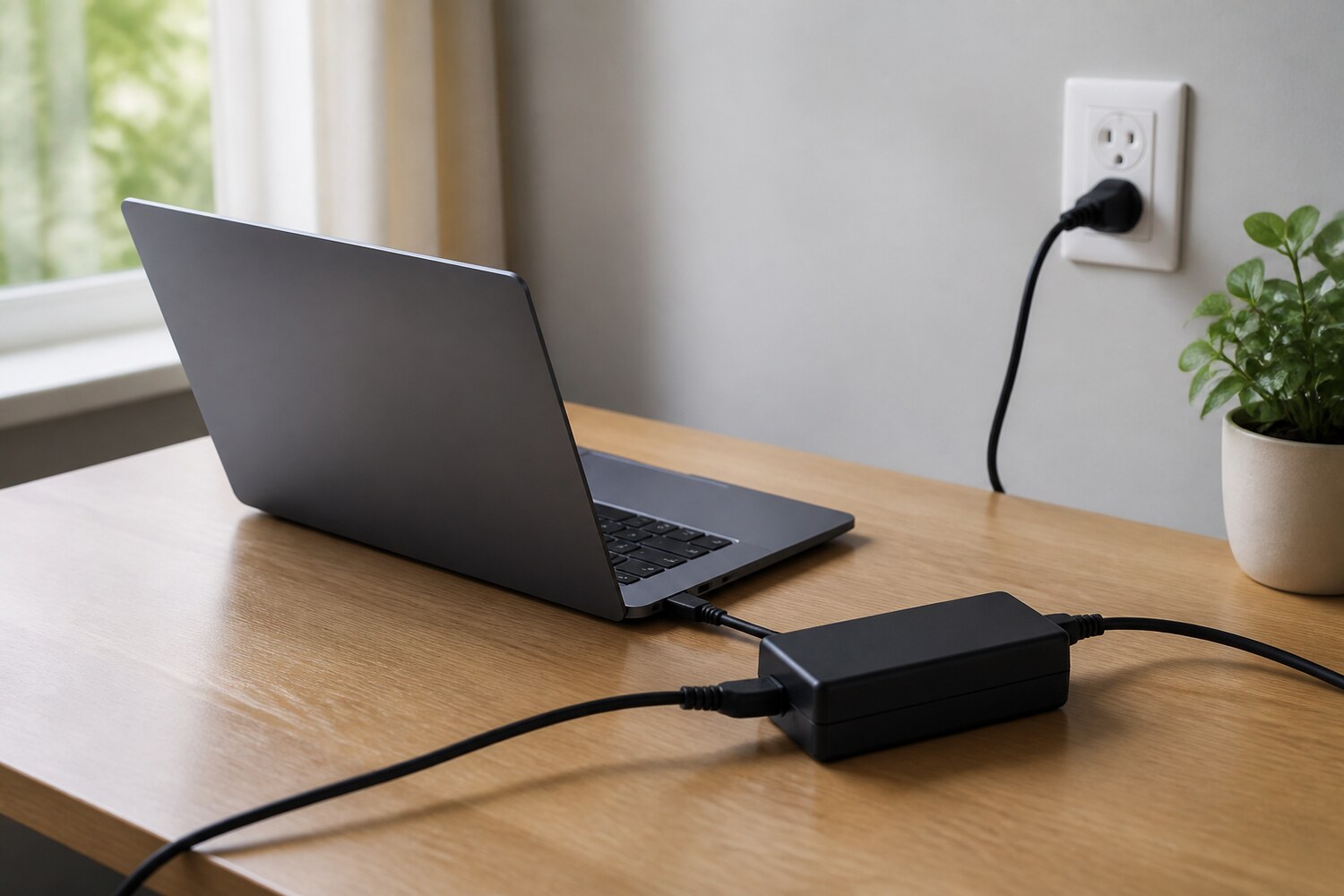 Laptop, zgodny zasilacz i przewód przygotowane do kontrolowanej próby