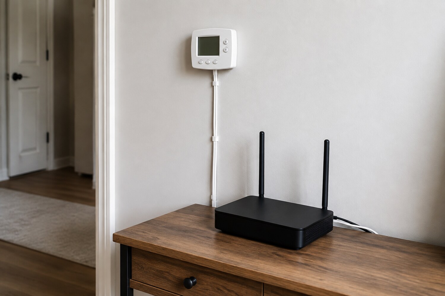 Domowy router i termostat WiFi ustawione do próby zasięgu