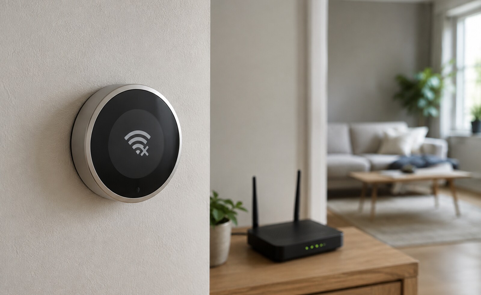 Termostat WiFi na ścianie w pobliżu domowego routera podczas sprawdzania połączenia