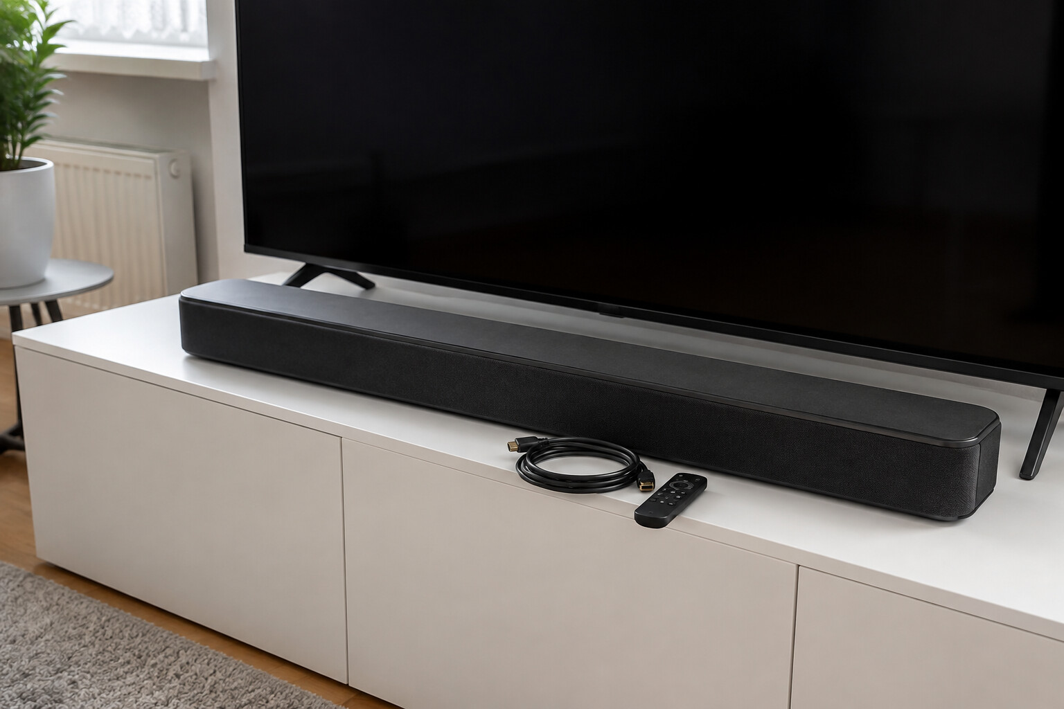 Soundbar pod telewizorem z przewodem HDMI i pilotem na szafce