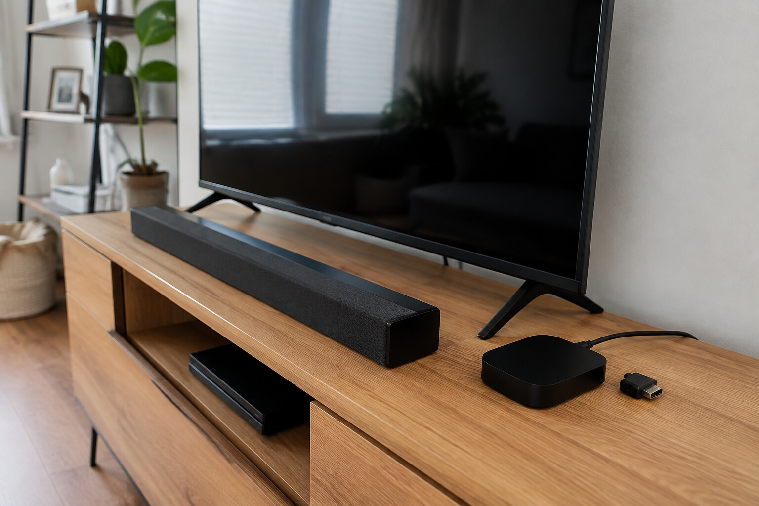 Telewizor z soundbarem i dodatkowym odtwarzaczem z odłączonym przewodem