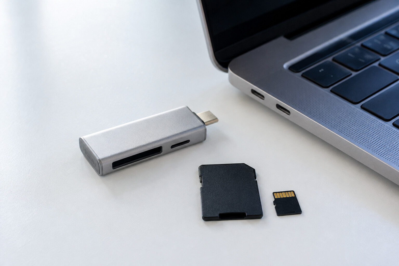 Czytnik kart, adapter SD i karta microSD obok laptopa