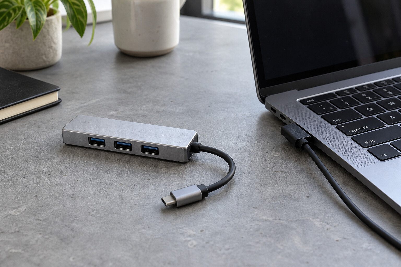 Odłączony hub USB obok laptopa z bezpośrednio podłączonym przewodem