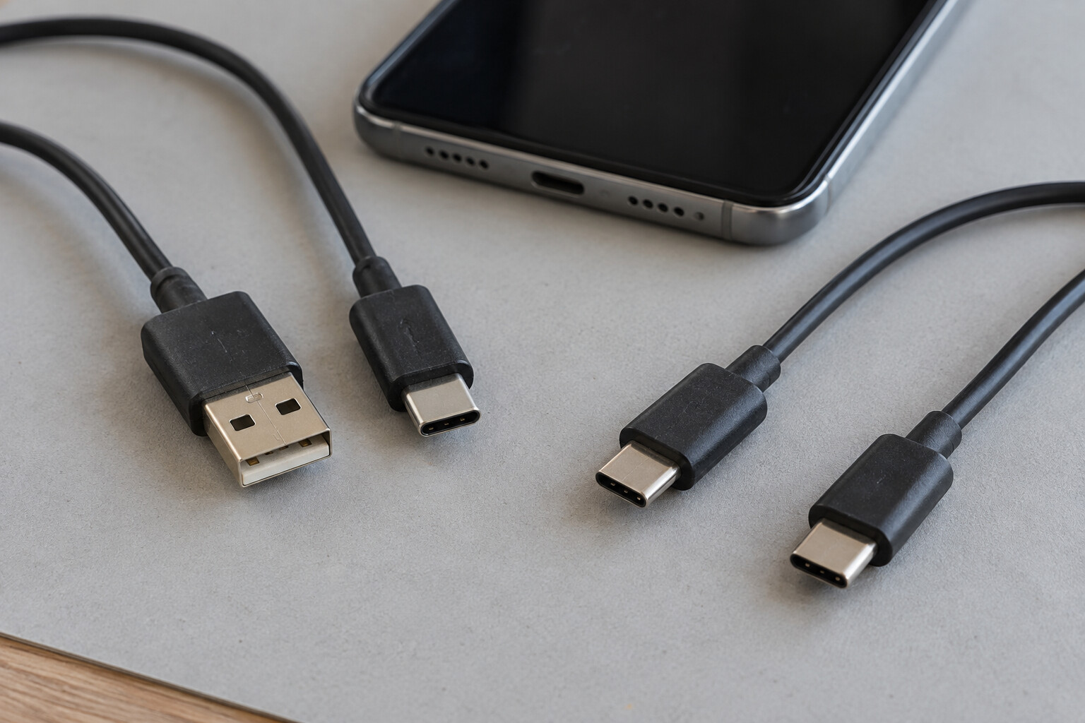 Dwa przewody USB o różnych zakończeniach obok telefonu