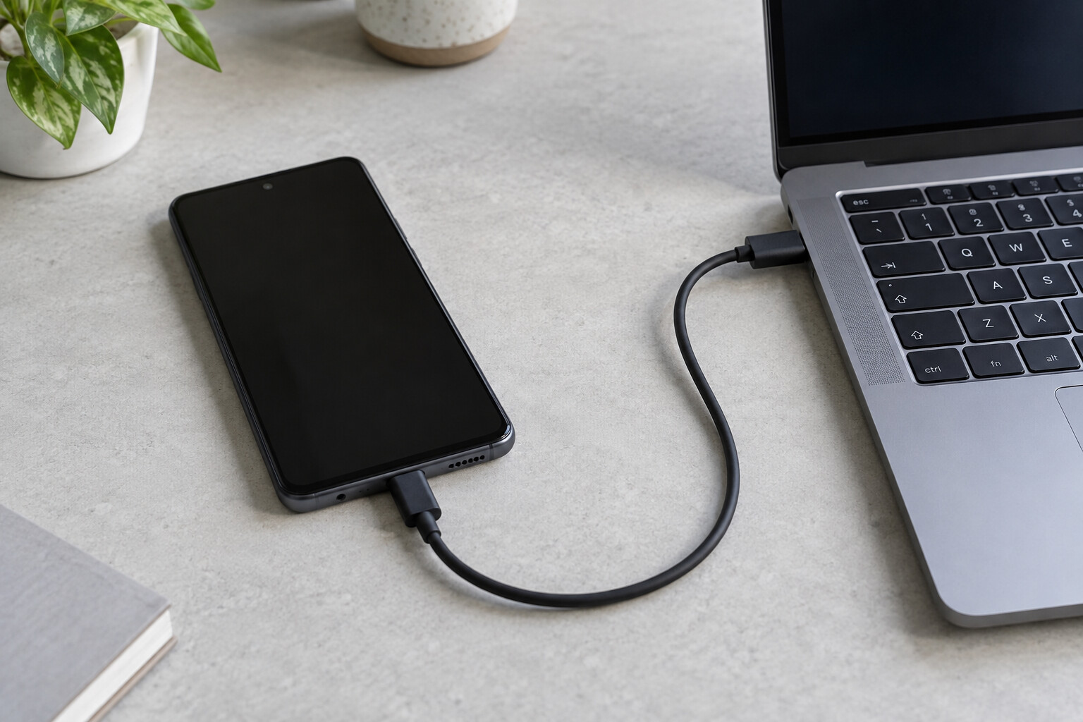 Telefon połączony przewodem USB bezpośrednio z laptopem