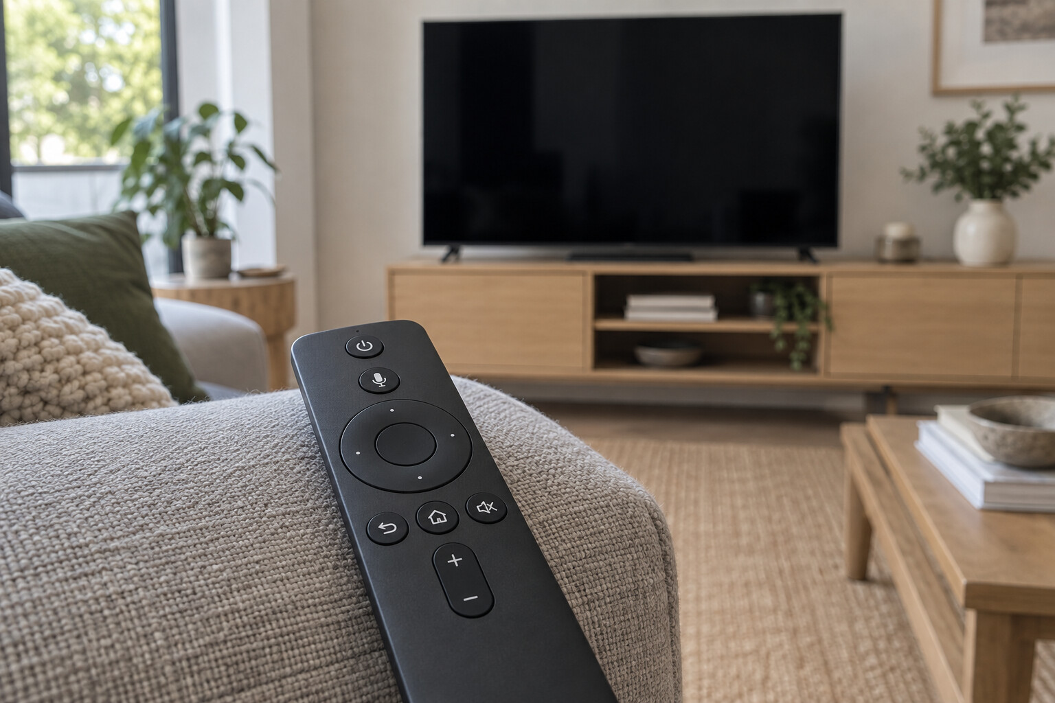 Pilot z przyciskiem mikrofonu na podłokietniku przed telewizorem