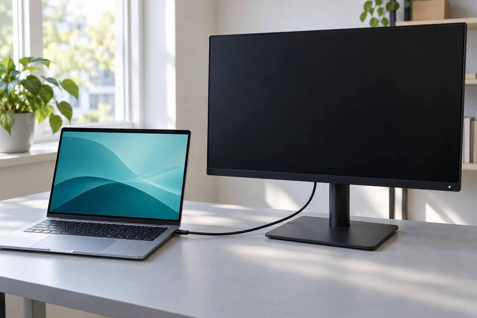 Laptop połączony przewodem z zewnętrznym monitorem o ciemnym ekranie