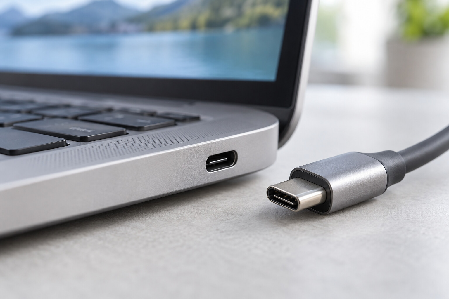 Gniazdo USB-C laptopa oraz odłączona wtyczka przewodu