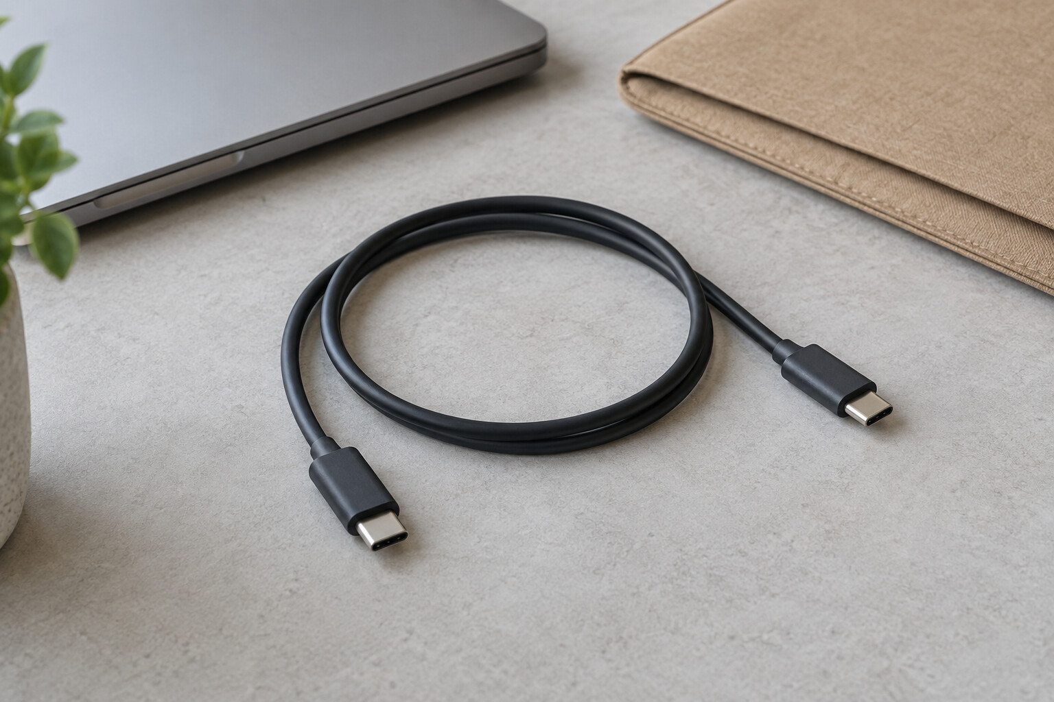 Przewód z dwiema wtyczkami USB-C obok zamkniętego laptopa