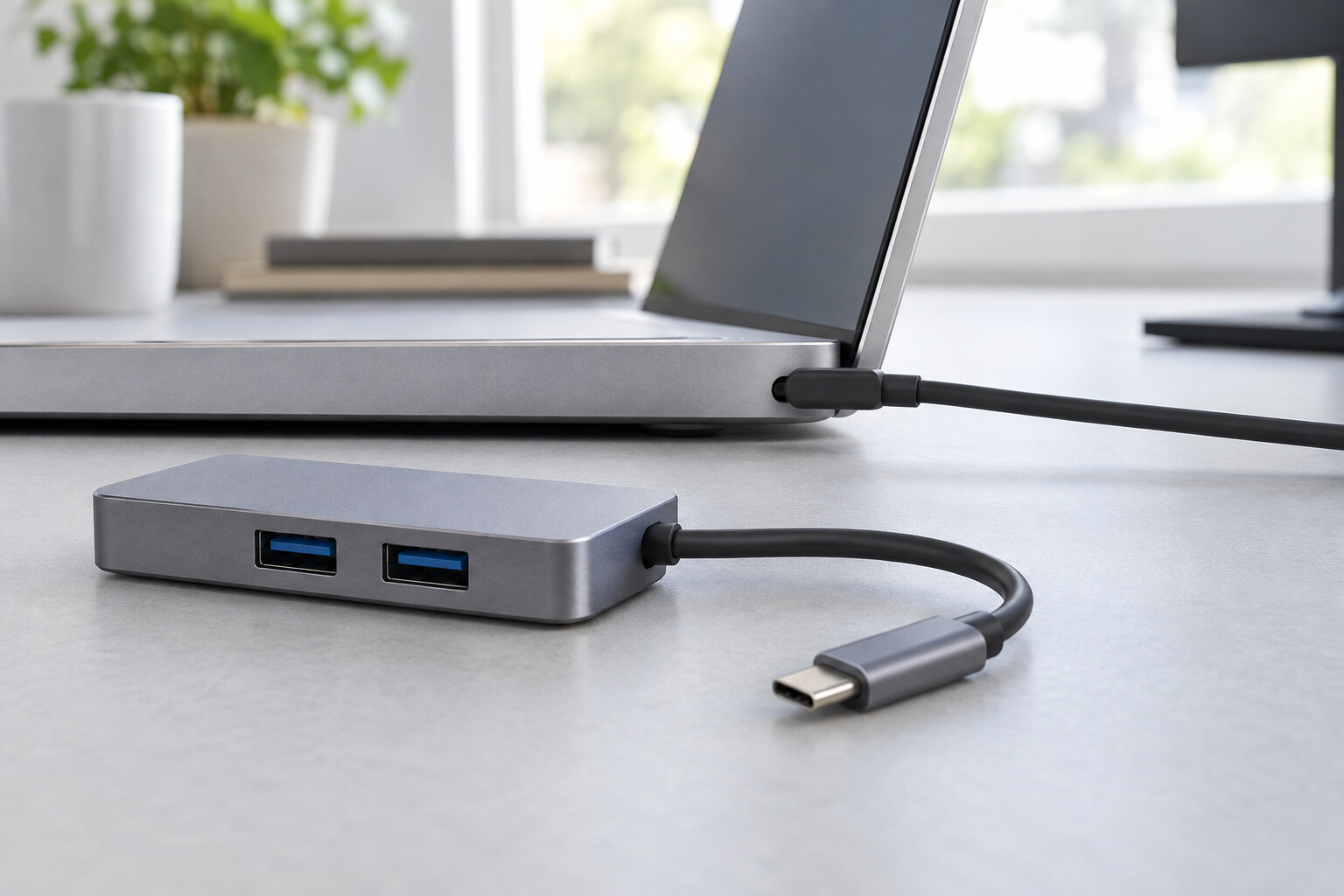 Odłączony hub obok laptopa z bezpośrednio podłączonym przewodem USB-C