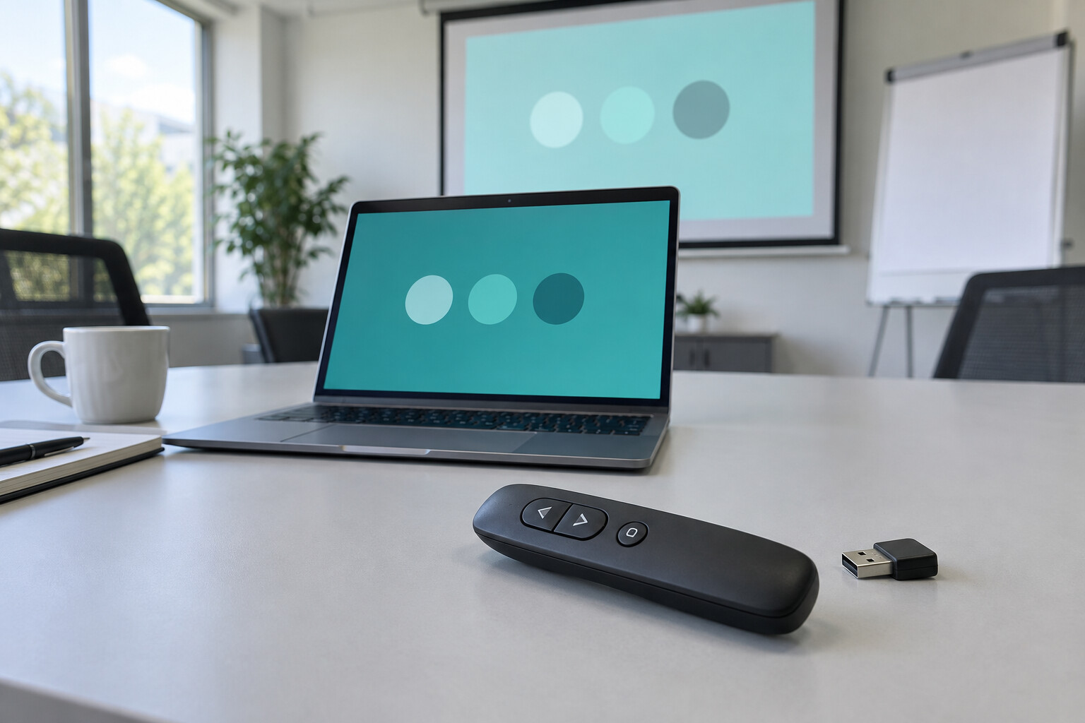 Pilot prezentacyjny i odbiornik USB przed laptopem z otwartym slajdem