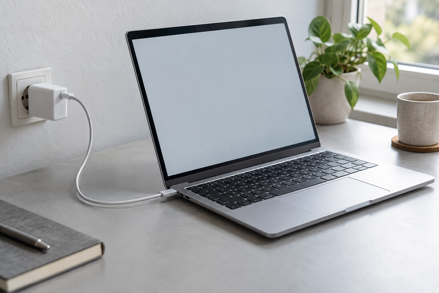Laptop podłączony do zasilacza na domowym biurku