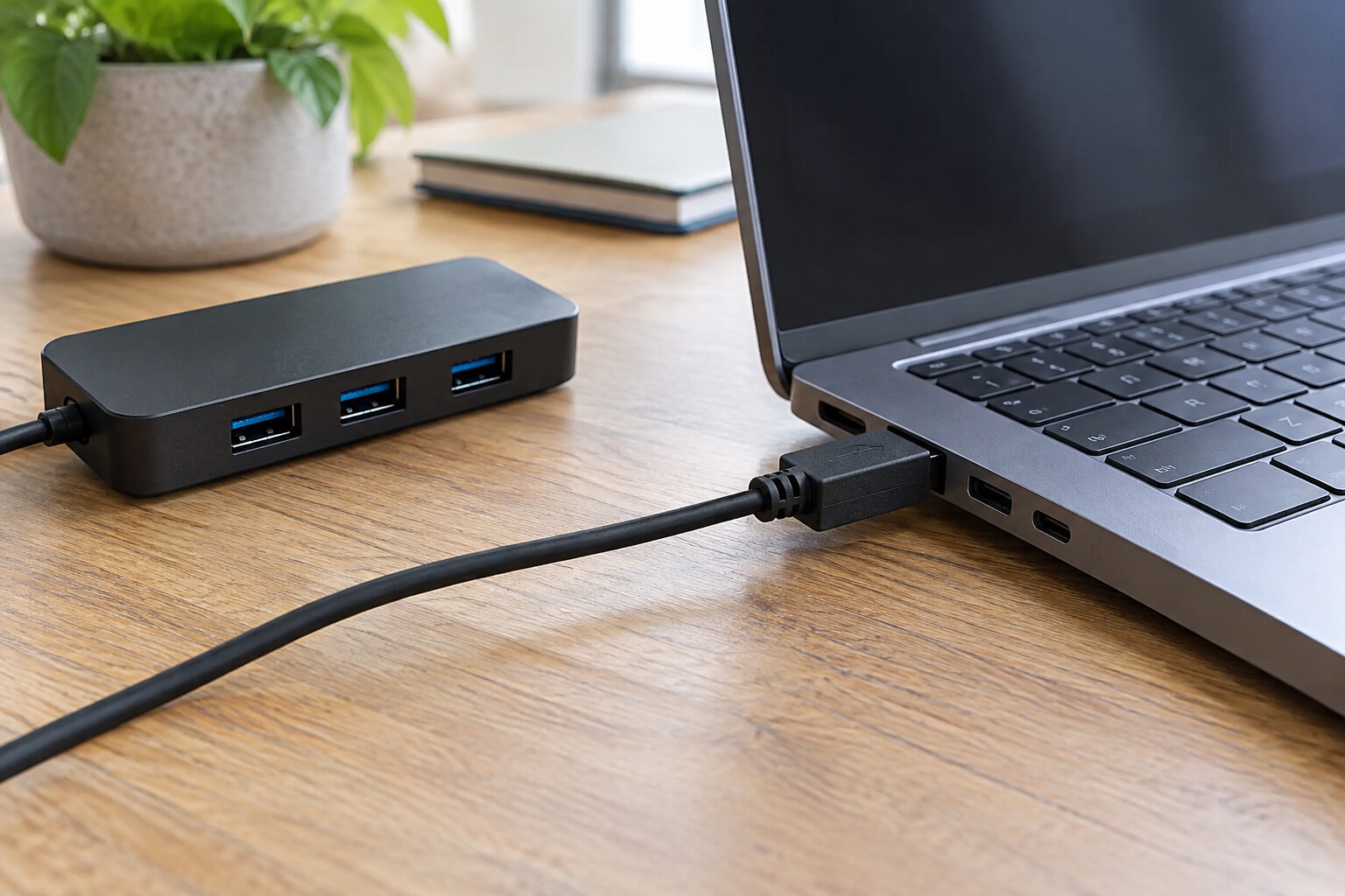 Przewód podłączony bezpośrednio do laptopa i odłożony hub USB